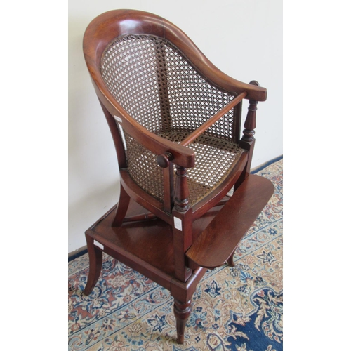 1447 - 19th century Childs mahogany correction or high chair, curved back and arms with bergere panels and ... 