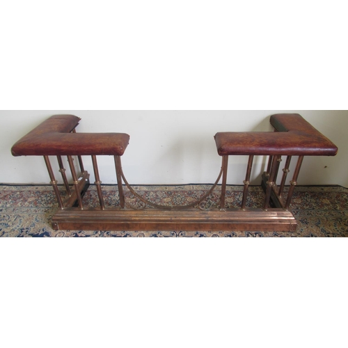 1412 - Edwardian club fender, leather seat corners on copper railed supports with scroll detail, W174cm D56... 