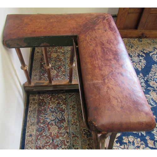 1412 - Edwardian club fender, leather seat corners on copper railed supports with scroll detail, W174cm D56... 