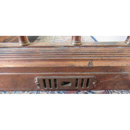 1412 - Edwardian club fender, leather seat corners on copper railed supports with scroll detail, W174cm D56... 