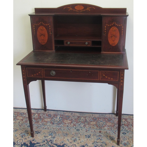 1426 - Edwardian mahogany bonheur du jour, inlaid in Sheraton Revival style with ribbon tied bellflowers an... 