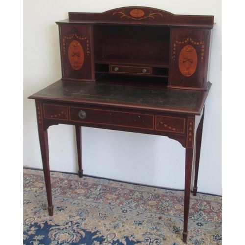 1426 - Edwardian mahogany bonheur du jour, inlaid in Sheraton Revival style with ribbon tied bellflowers an... 