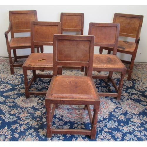 1369 - Robert Mouseman Thompson of Kilburn - a set of six (4 + 2) oak dining chairs, with adzed panel backs... 