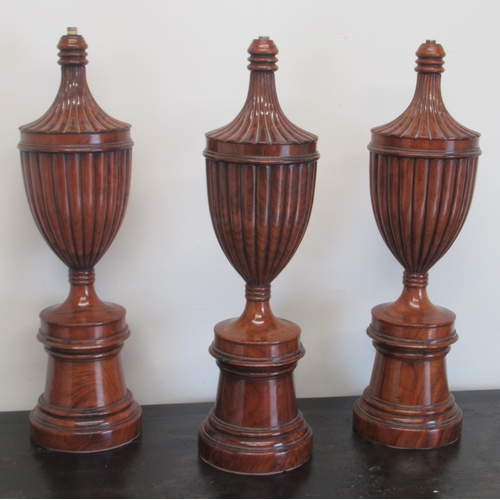 1450 - Three Regency style lobed urn shaped wooden table lamps, on turned socle bases, H51cm (3)