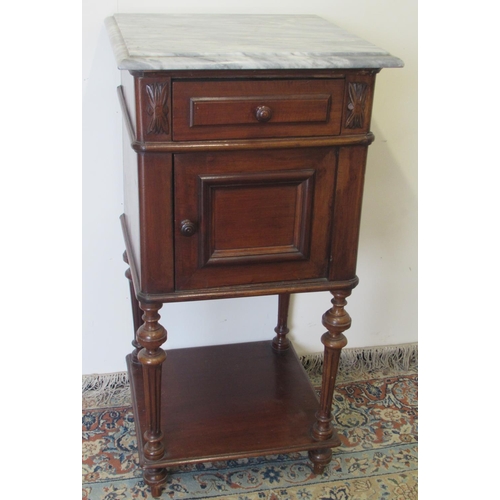 1446 - 19th century French walnut bedside cabinet, grey marble top and drawer above a panel door, on fluted... 