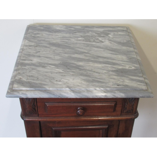 1446 - 19th century French walnut bedside cabinet, grey marble top and drawer above a panel door, on fluted... 