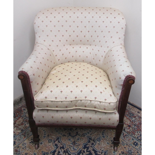 1439 - Early 20th century upholstered armchair, shaped back with loose seat cushion on boxwood strung mahog... 