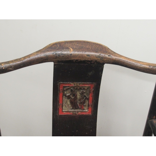 1431 - Pair of 19th century Chinese ebonised and painted throne type armchairs, shaped splats, curved arms ... 