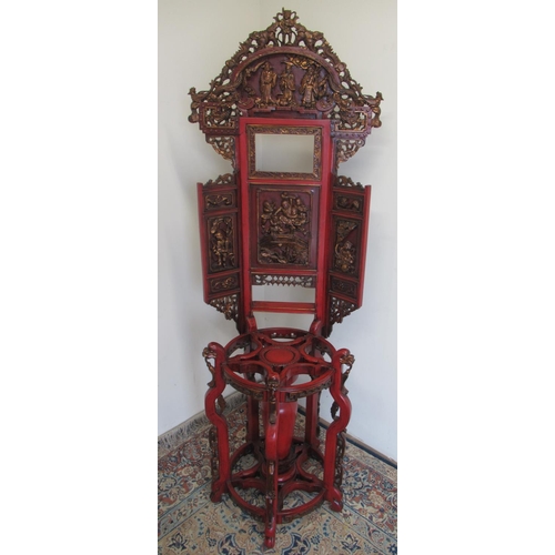 1414 - 19th century Chinese red painted wash stand, carved panels with gilt detail, raised back with carved... 