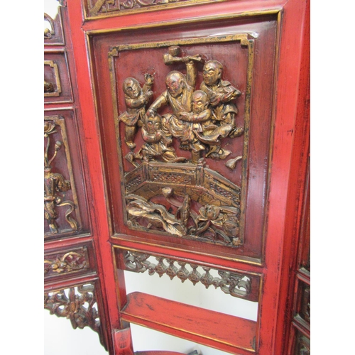 1414 - 19th century Chinese red painted wash stand, carved panels with gilt detail, raised back with carved... 