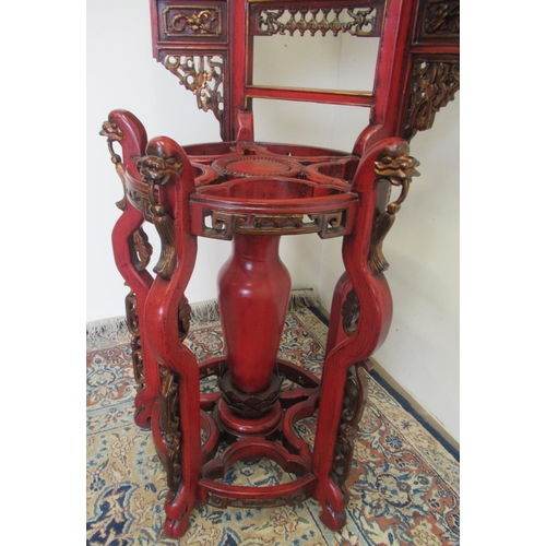 1414 - 19th century Chinese red painted wash stand, carved panels with gilt detail, raised back with carved... 