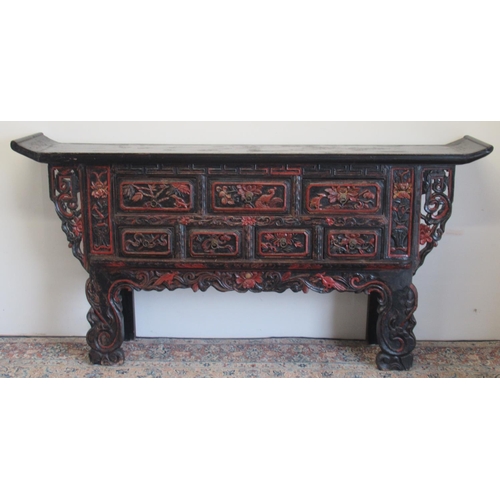 1415 - 19th century Chinese carved polychrome painted coffer with curved top three long and four short draw... 