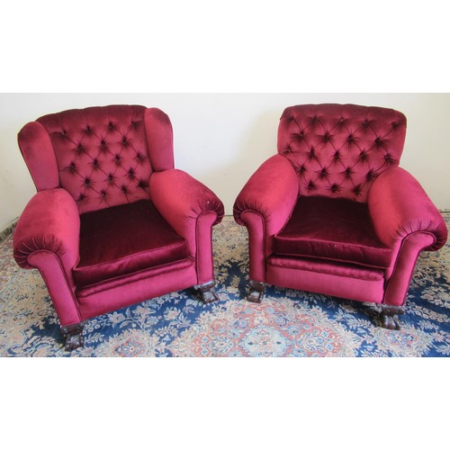 1419 - Pair of Edwardian low wing back upholstered armchairs, with deep button back and loose seat cushion ... 