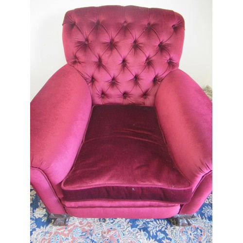 1419 - Pair of Edwardian low wing back upholstered armchairs, with deep button back and loose seat cushion ... 