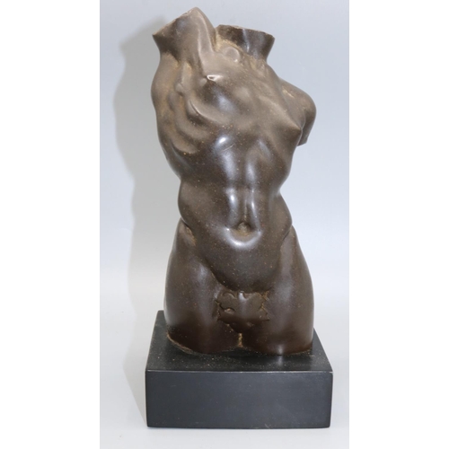 1100 - After the Antique - a patinated resin male Torso on rectangular plinth, H25cm