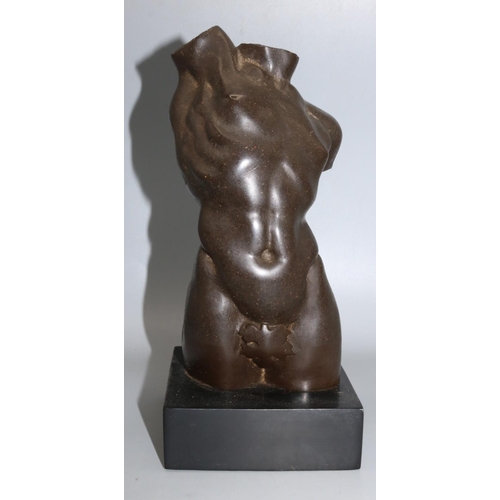 1100 - After the Antique - a patinated resin male Torso on rectangular plinth, H25cm