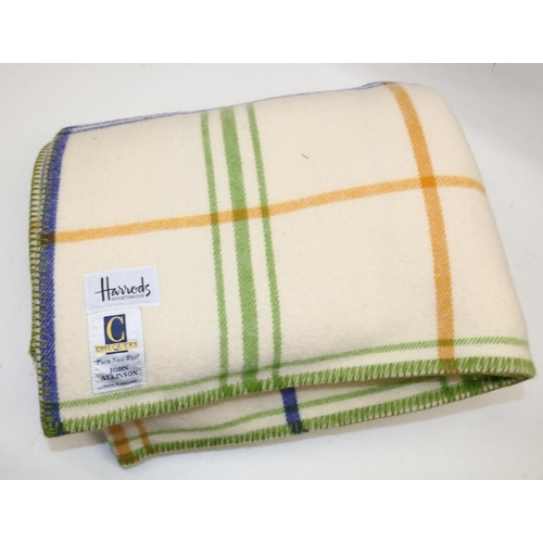 1279 - Retailed by Harrods - John Atkinson Chequers pure new wool blanket, green, yellow and blue check on ... 