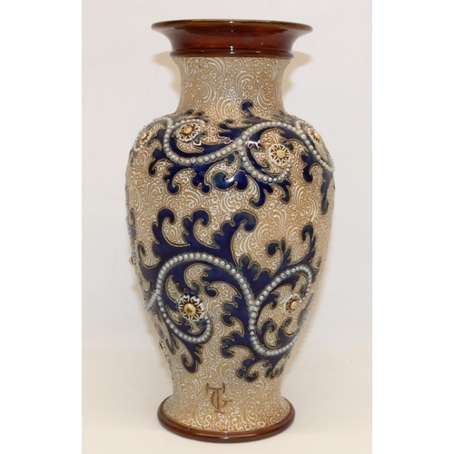 1178 - Royal Doulton stoneware baluster vase by George Tinworth, blue foliate scrolls, white beads and rose... 