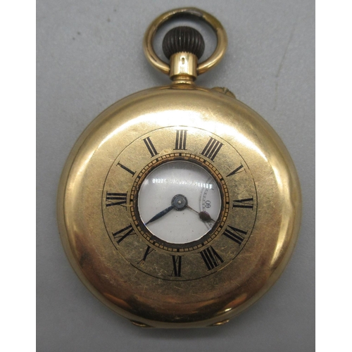 1017 - Swiss 14ct gold half hunter keyless wound pin set pocket watch, white enamel Roman dial, subsidiary ... 