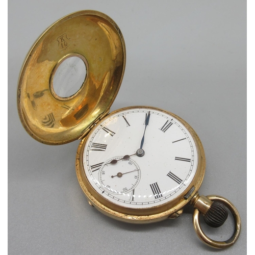 1017 - Swiss 14ct gold half hunter keyless wound pin set pocket watch, white enamel Roman dial, subsidiary ... 