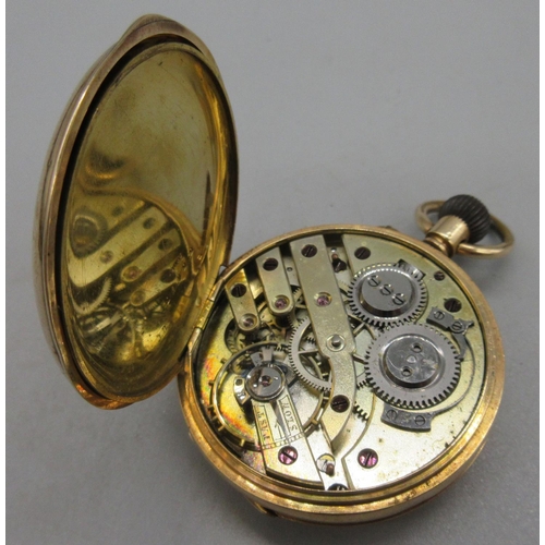 1017 - Swiss 14ct gold half hunter keyless wound pin set pocket watch, white enamel Roman dial, subsidiary ... 