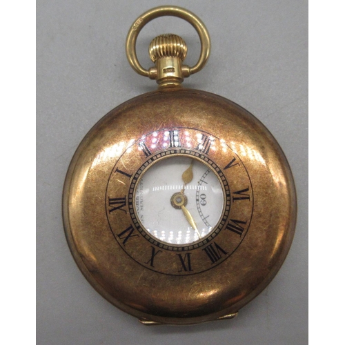 1018 - H. Samuel Manchester, 'Everite' 9ct gold half hunter keyless pocket watch, signed white enamel Arabi... 