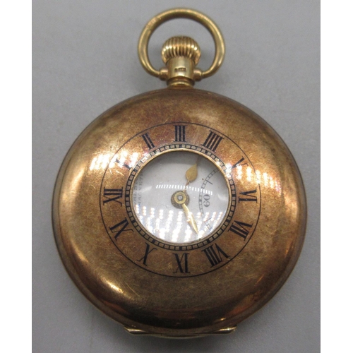 1018 - H. Samuel Manchester, 'Everite' 9ct gold half hunter keyless pocket watch, signed white enamel Arabi... 