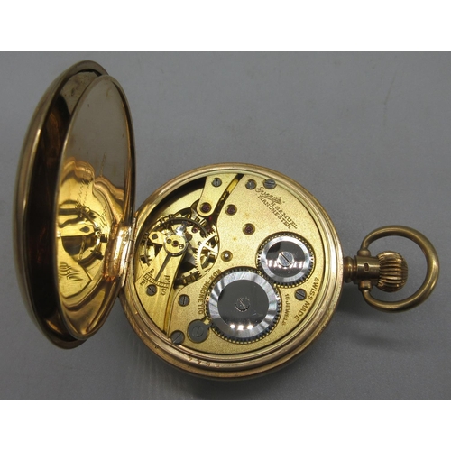 1018 - H. Samuel Manchester, 'Everite' 9ct gold half hunter keyless pocket watch, signed white enamel Arabi... 