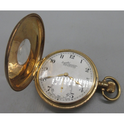 1018 - H. Samuel Manchester, 'Everite' 9ct gold half hunter keyless pocket watch, signed white enamel Arabi... 