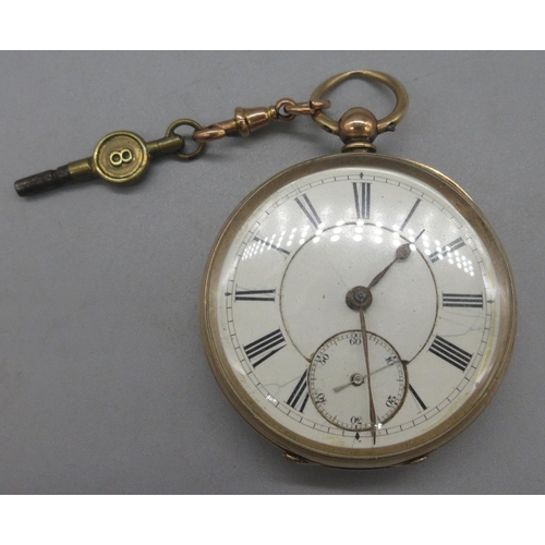 1016 - Waltham Mass, 10ct gold key wound and set pocket watch, stepped white enamel Roman dial, subsidiary ... 