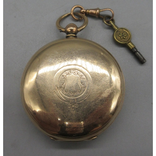 1016 - Waltham Mass, 10ct gold key wound and set pocket watch, stepped white enamel Roman dial, subsidiary ... 