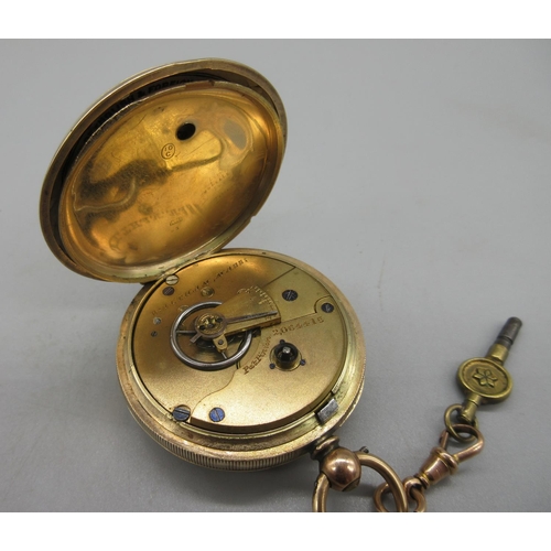 1016 - Waltham Mass, 10ct gold key wound and set pocket watch, stepped white enamel Roman dial, subsidiary ... 