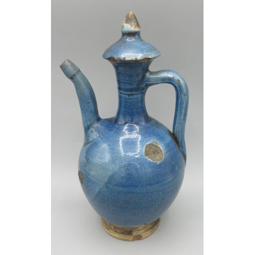 1164 - Turkish or Mesopotamian blue glazed pottery ewer, 17th/18th century H27cm