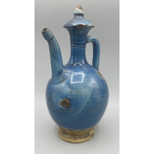 1164 - Turkish or Mesopotamian blue glazed pottery ewer, 17th/18th century H27cm