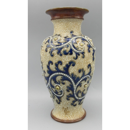 1178 - Royal Doulton stoneware baluster vase by George Tinworth, blue foliate scrolls, white beads and rose... 