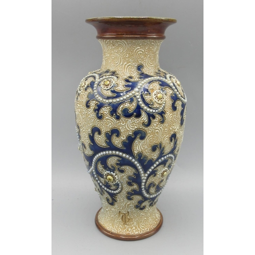 1178 - Royal Doulton stoneware baluster vase by George Tinworth, blue foliate scrolls, white beads and rose... 