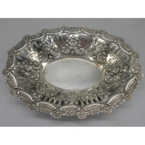 1066 - Late Victorian silver pierced oval bowl with floral and swag repousse decoration, by Joseph Rodgers ... 