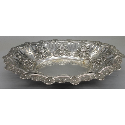 1066 - Late Victorian silver pierced oval bowl with floral and swag repousse decoration, by Joseph Rodgers ... 