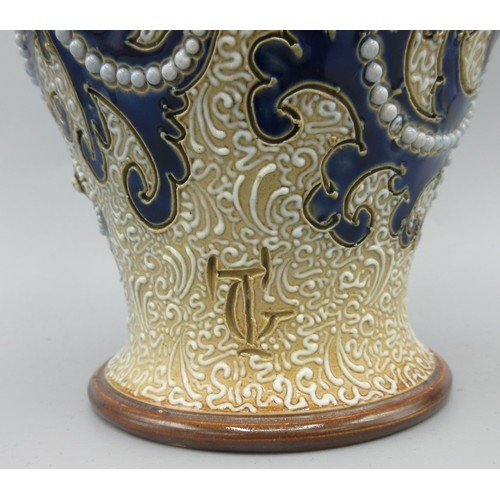 1178 - Royal Doulton stoneware baluster vase by George Tinworth, blue foliate scrolls, white beads and rose... 