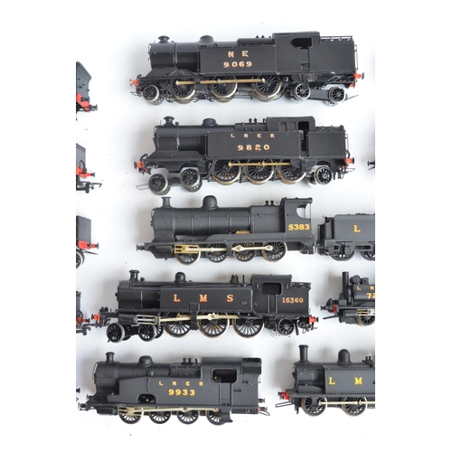 1113 - Collection of metal kit built OO gauge LMS, NE and LNER steam locomotive models in black livery, all... 