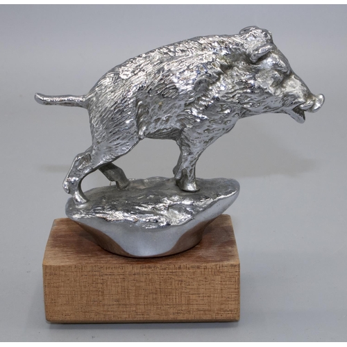 1128 - Chromed metal car bonnet mascot, modelled as a standing Wild Boar, on shaped naturalistic base stamp... 