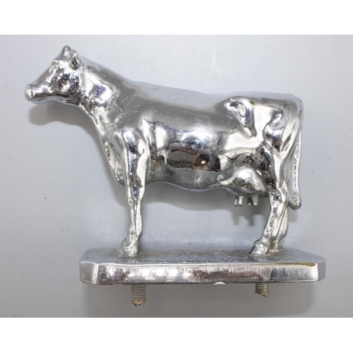 1136 - Chromed metal car bonnet mascot, Dairy Shorthorn Cow, on rectangular base stamped, Lejeune Made in E... 