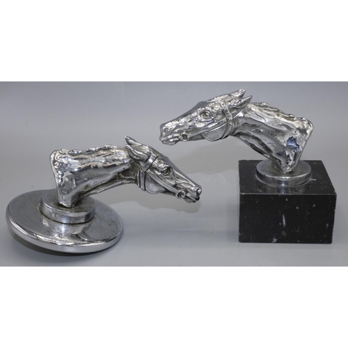 1137 - Two chromed metal car bonnet mascots, Thoroughbred Horseheads, on bases, H10cm max (2)