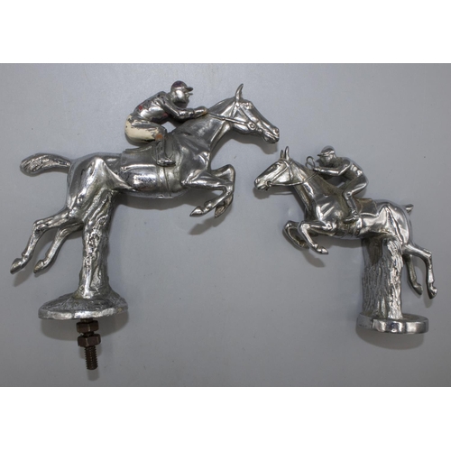 1140 - Chromed metal car bonnet mascot, modelled as a racehorse taking a fence with jockey in enamelled sil... 