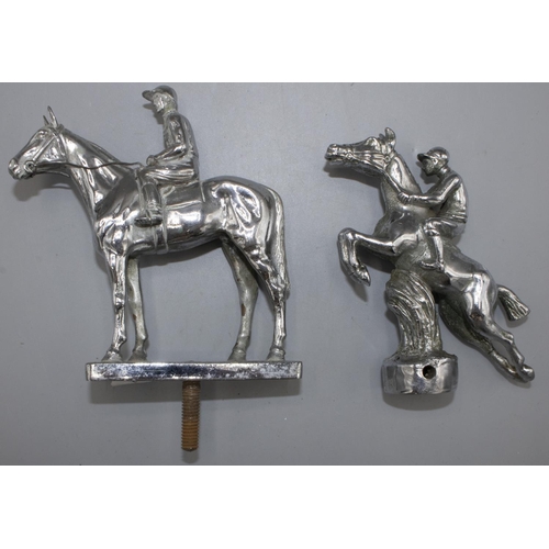 1127 - Chromed metal car bonnet mascot, modelled as a standing racehorse with jockey up, on rectangular bas... 