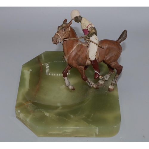 1090 - Austrian cold painted metal figure of a polo player on horseback with ball, on a shaped rectangular ... 