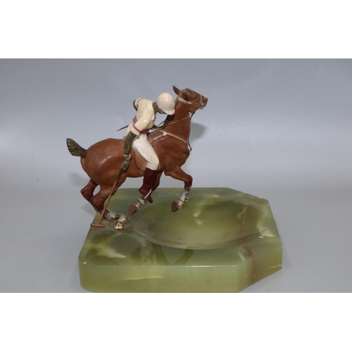 1090 - Austrian cold painted metal figure of a polo player on horseback with ball, on a shaped rectangular ... 