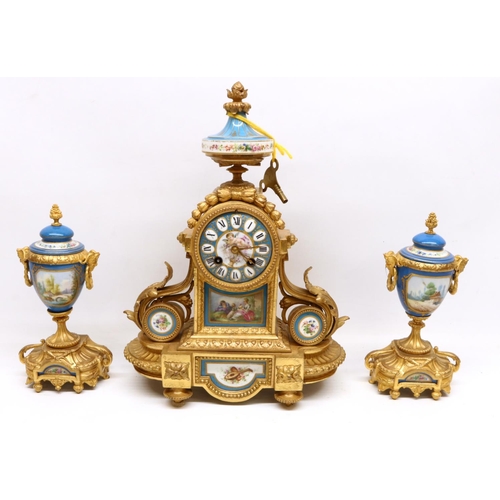 1229 - J. B. Yabsley, 72 Ludgate Hill, London, 19th Century French porcelain and gilt metal three piece clo... 