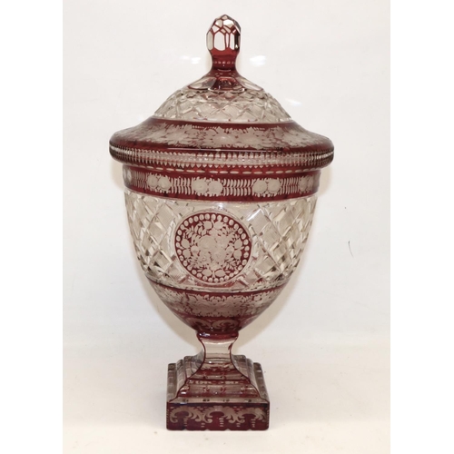 1114 - 19th century bohemian cut glass urn and cover, H37cm