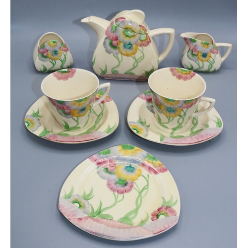 1151 - Clarice Cliff - Pink Pearls pattern - Trieste shape - teapot, milk, sugar, two cups and saucers, and... 